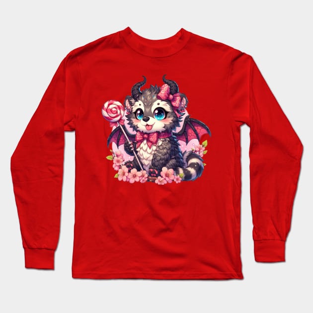 Kawaii Binturong Dragon with Lollipop Long Sleeve T-Shirt by Biothurgy